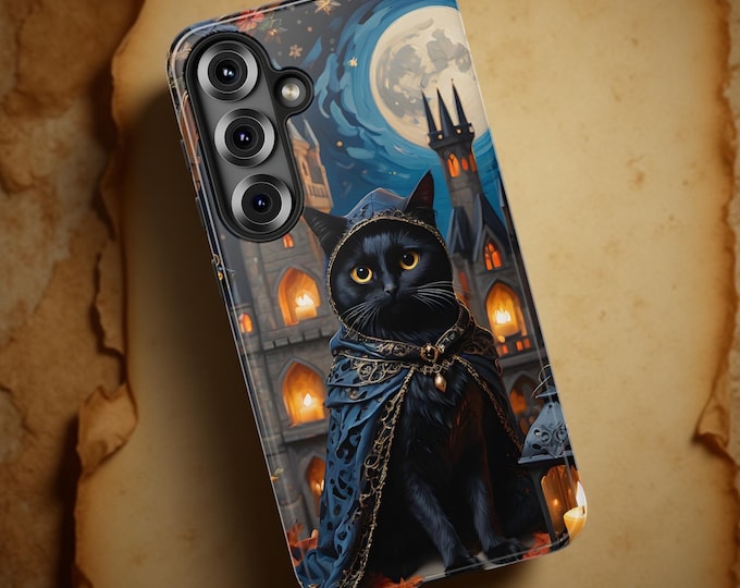 Witchy Phone Case, Gothic Black Cat, Halloween Tough Cases. Shockproof Protective Cat Lover Gift