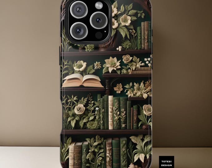 Magnetic MagSafe Comp. Tough Case, Whimsy Cute Flowers Bookish bookshelf iPhone Cover, Book Club Gifts, 16 15 14 13 Pro Max Plus Mini