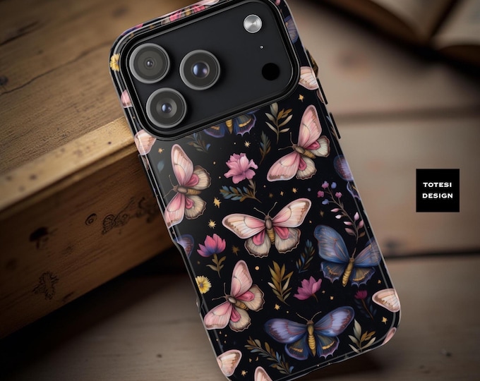 Pink Moth Floral Dark Phone case| Samsung and iPhone tough protection| celestial midnight garden aesthetic| phone case her