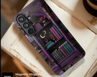 May include: A purple phone case featuring a printed design of a bookshelf filled with books, gold accents, and a crescent moon. The text on the image reads: TOTESI DESIGN, Magnetic MagSafe, iPhone 18-13, Samsung S26.