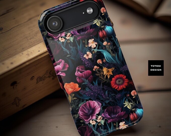 Dark Floral MagSafe iPhone Tough Case: Boho Style, Glossy or Matte