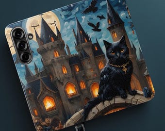 Flip Phone case Gothic Castle Black Cat Wallet Case, Cute Gift for Cat Lovers, Halloween Phone Cover