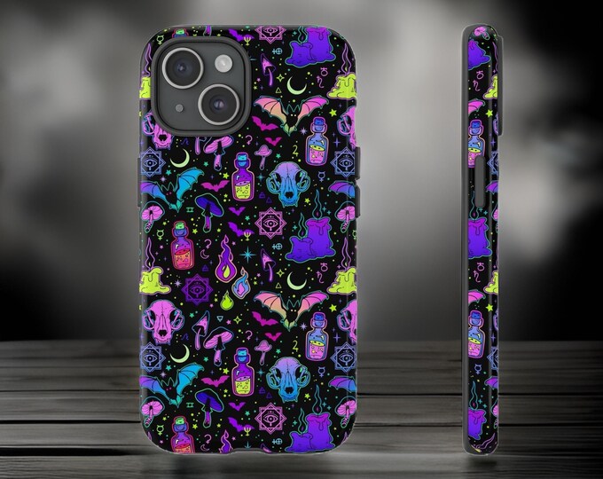Halloween Witchy Neon iPhone 16 15 14 13 12 11 Pro Max plus Tough Cases | S24 S23 S22 S21 Plus, Ultra , bats| skulls| Glossy| Matte| cute