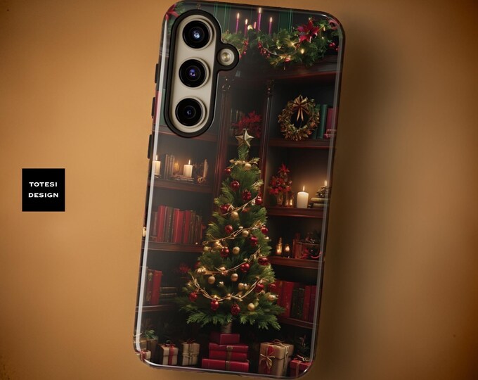Vintage Xmas Holiday Winter Samsung Galaxy Sturdy Phone Case 24 23 22 21 20 Plus Book Shelf Books Glossy or Matte