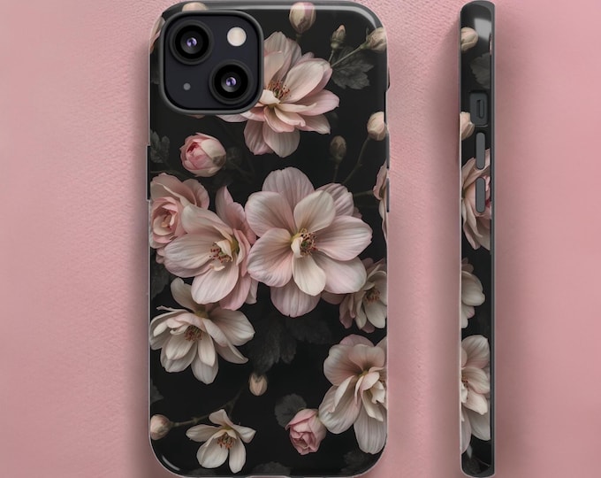 Phone Cases, Tough Cases, Samsung iPhone Cases, Romantic Pink Floral Black Phone Case, Bridal Shower Gift