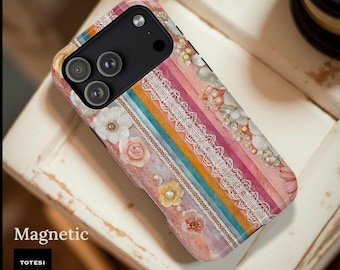 Striped Floral Lace Phone Case | Magnetic Impact-Resistant Case