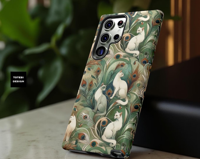 Green Art Deco Cats aesthetic iPhone tough case 17 16 15 14 13 12 Pro Max Plus Mini |Samsung Galaxy Cases S25 S24 S23 S22 Plus Ultra