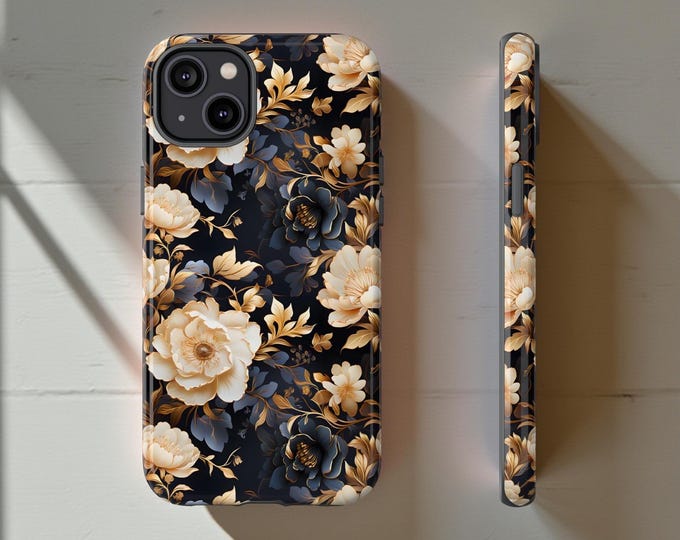 Opulent dark floral black gold Samsung Galaxy S25 S24 S23 S22 S21 Plus Ultra iPhone 16 - 11 Dual Layer Premium Tough Case | Glossy or Matte