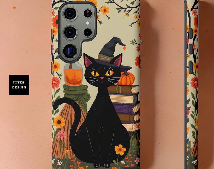 Samsung Galaxy Whimsical Witchy Floral Black Cat Phone Case  - S24 S23 S22 S21 Plus Ultra Cute Halloween Matte or Glossy Gift for daughter