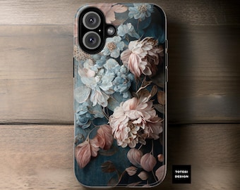 Moody Floral Tough Phone Case: Gray Boho Floral, Durable Design