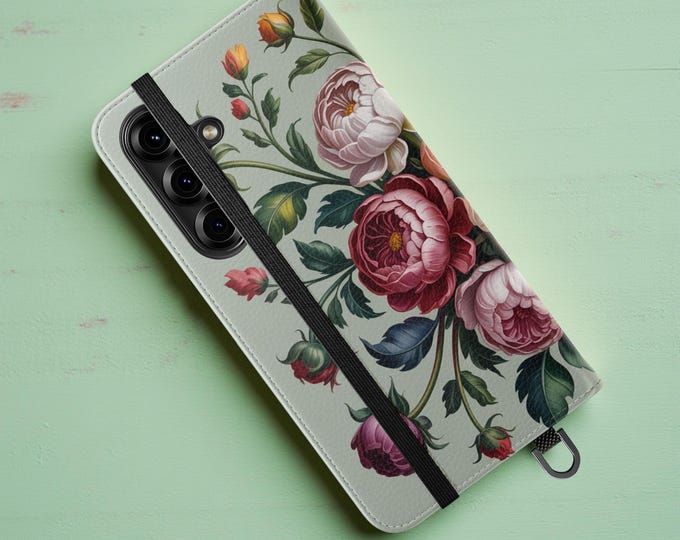 Samsung Phone case  shabby  Chic sage green  | Wallet Phone Cover, Rose Peony Art