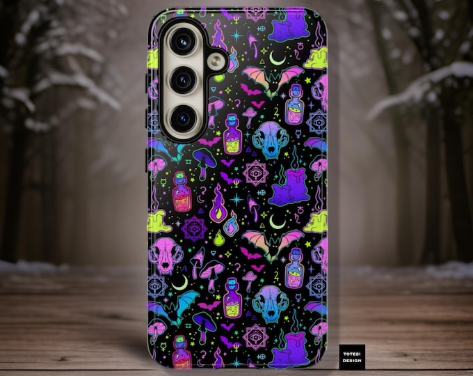 Witchy Neon Samsung iPhone Tough Cases | S24 S23 S22 S21 Plus, Ultra | Gothic| Neon| magical| Halloween, bats| skulls| Glossy| Matte| cute