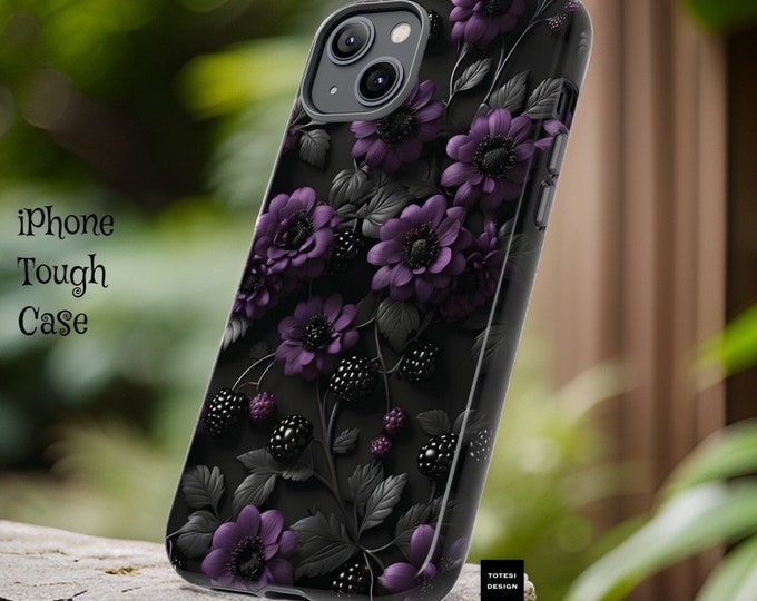 Black purple dark gothic floral iPhone tough case glossy or matte iPhone 16 15 14 13 12 11 Mini Pro Max Plus