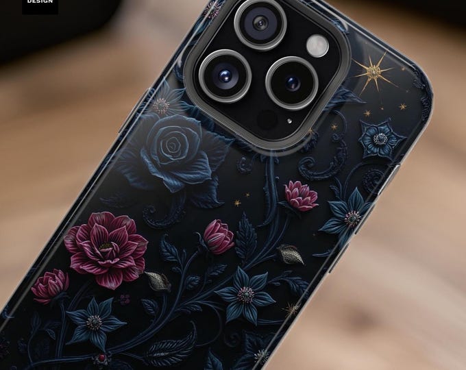 iPhone Magnetic Tough Case, Black Dark Academia Floral Celestial Swirly, MagSafe Compatible, Glossy Matte 16 15 14 13 Pro Max Plus