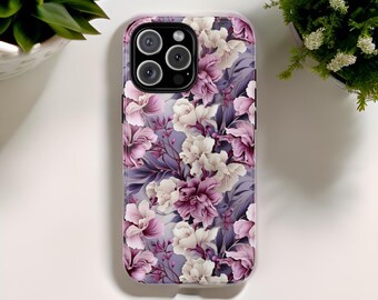 Purple floral aesthetic tough phone case | iPhone 16 15 14 13 12 Pro Max Plus or Samsung Galaxy S24, S22, S23 Plus, Ultra| Glossy Matte