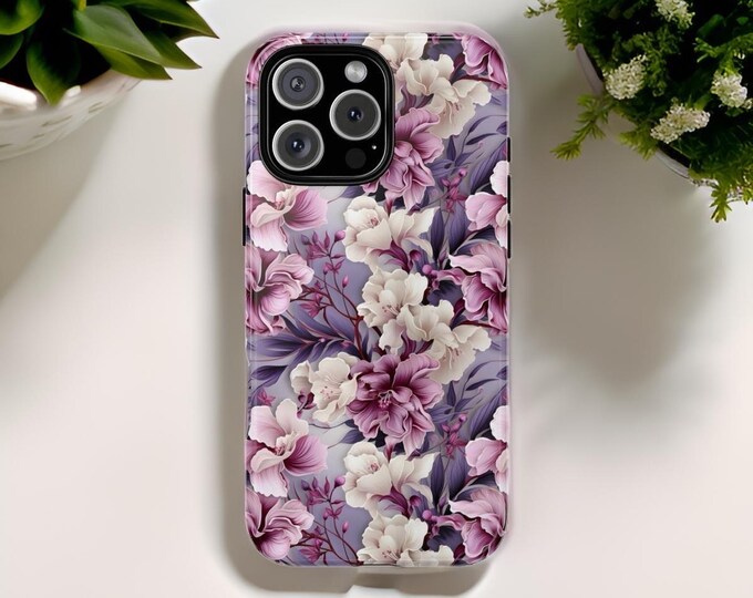 Purple floral aesthetic tough phone case | iPhone 16 15 14 13 12 Pro Max Plus or Samsung Galaxy S24, S22, S23 Plus, Ultra| Glossy Matte