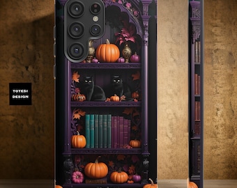 Gothic Purple Black Cats Bookcase Pumpkins Flower Google Pixel Tough Phone Cases 16 15 14 13 12 11 Samsung Galaxy S24 S23 Halloween Gifts