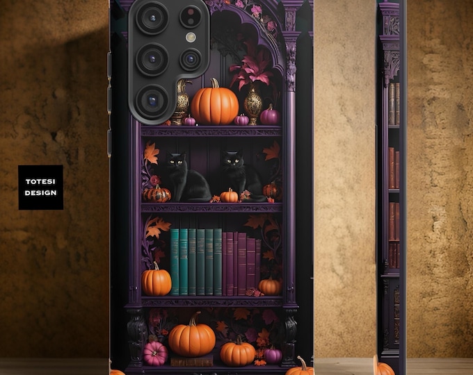 Gothic Purple Black Cats Bookcase Pumpkins Flower Google Pixel Tough Phone Cases 16 15 14 13 12 11 Samsung Galaxy S24 S23 Halloween Gifts