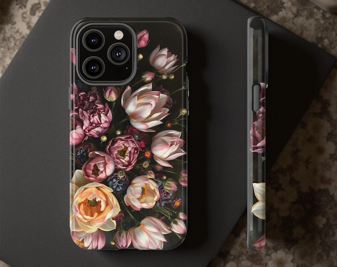 Dark Floral Academia, iPhone Tough Case 11, 12,13,14 15 16 Pro Max Plus Samsung Galaxy| ornamental Victorian Gothic floral,Glossy or Matte