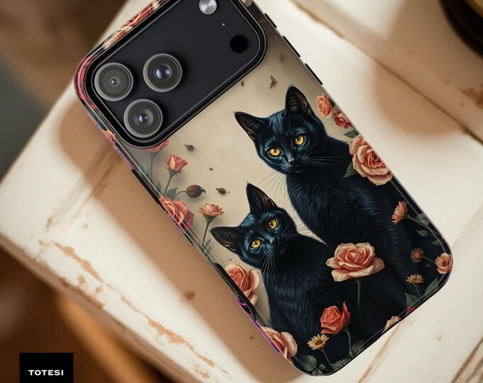 Black Cat Floral Phone Case: Vintage Dark Academia Style
