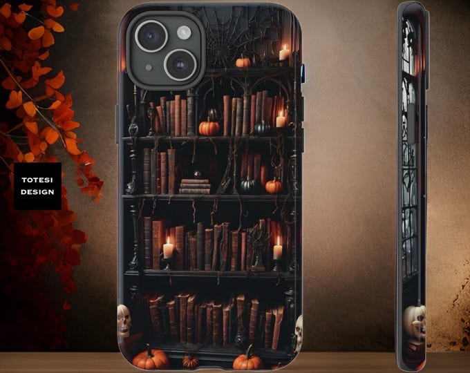 Gothic Bookshelf Halloween Spooky Fall iPhone 16 15 14 13 12 11 Galaxy S24 S23  Glossy or Matte