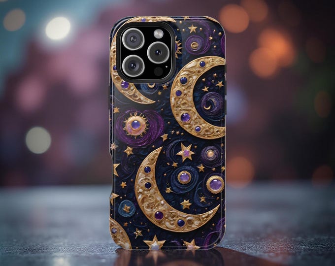 Purple Celestial Fantasy Moon Crescents iPhone MagSafe Magnetic Sturdy Phone Cover Case, 16 15 14 13 Pro Max Plus, Tough Case Celestial