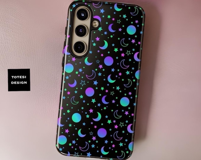 Dark neon, stars, moon, celestial, goth, witchy | Tough Cases | S22, S23 S24 Plus, Ultra| Flowers| Glossy| Matte