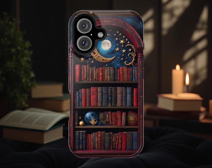 iPhone Tough Case, Bookshelf Library Magical MagSafe Vintage Aesthetic 13 14 15 16 Pro Max Plus, Fantasy whimsy Bookcase, Bookish Gifts