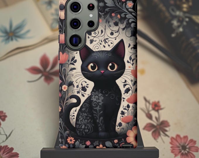 Black Kitty Cat Floral Phone Case: iPhone, Samsung Galaxy Tough Cover