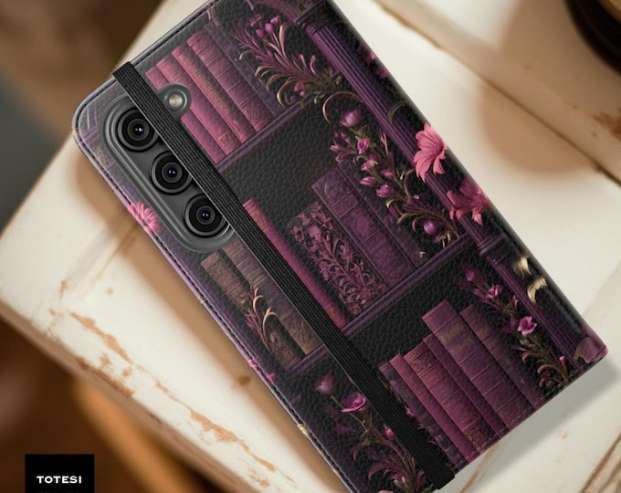 Dark Academia Bookshelf Floral Phone Case | Gothic Vintage Folio Cover Stand Cardholder