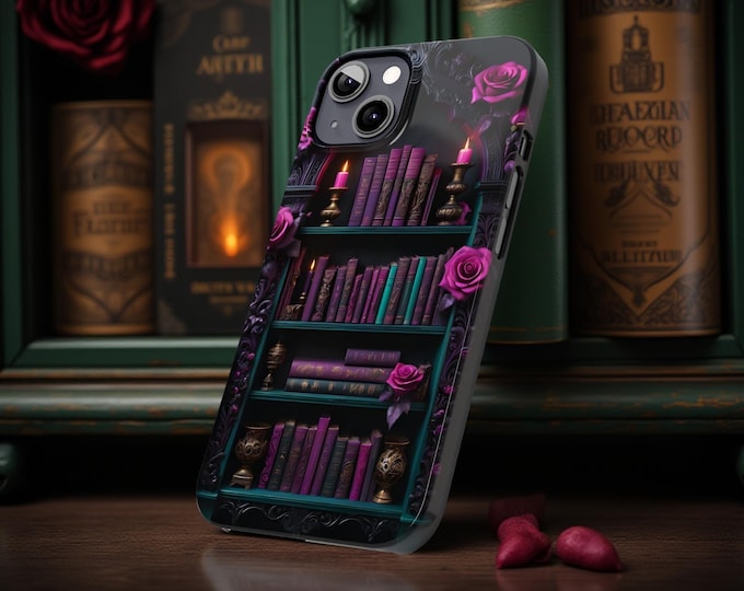 Goth Bookish Slim Phone Case, Literary Bookshelf, Floral Black Pink, Bookworms Gifts Reader 16 15 14 13 12 Pro Plus, iPhone Accessories,
