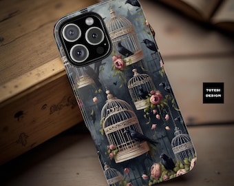 Gothic Victorian floral ravens bird cages  Samsung Galaxy Phone Case  iPhone 17 16 15 Wireless Charge when flat
