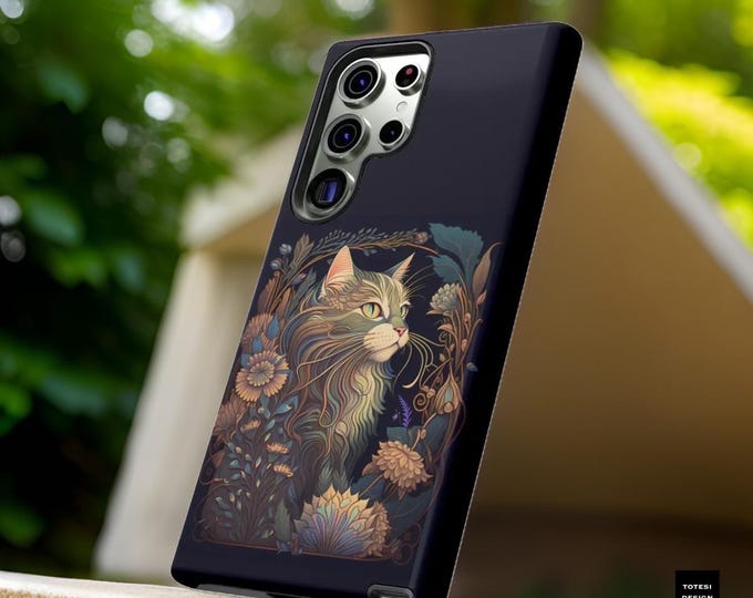 Gothic Cat Black Tough Phone Case | Samsung S24 S23 S22 S21 Plus, Ultra, iPhone 16 15 14 13 12 Pro Max, Vintage Aesthetic, Protective Cover,