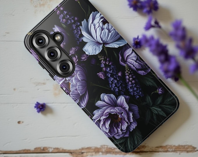 Dark academia moody floral iPhone Samsung galaxy  phone case S25 S24 S23 S22 16 15 14 13| purple moody floral botanical nature  glossy matte