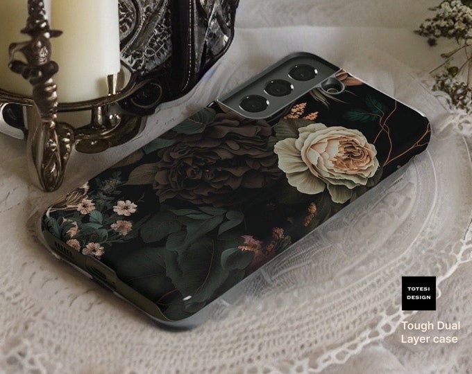 Dark Floral Academia, Samsung Galaxy Tough Case S23 S22 Ultra Plus| ornamental Victorian Gothic Black | Glossy Matte