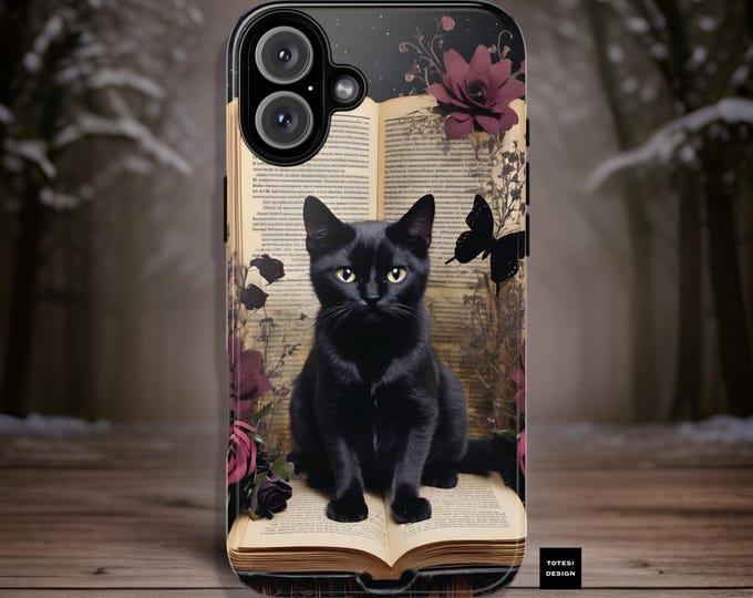 Gothic Black Cat Floral Dark Academia Vintage style iPhone tough cases 16 15 14 13 12 11  Pro Max Plus Pro glossy matte | gift for birthday