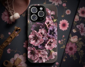 Dark Floral Academia, iPhone Tough Case 11, 12,13,14 15 16 Pro Max Plus Samsung Galaxy| Gothic moody floral,Glossy or Matte