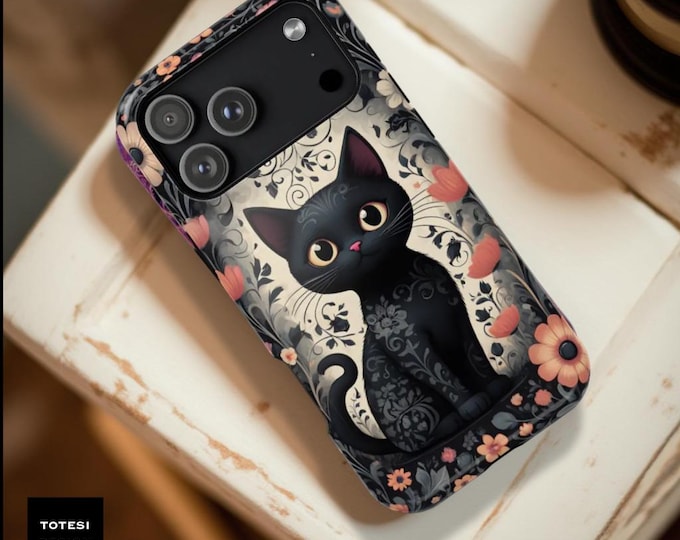 Black Kitty Flowers iPhone Max Case: Goth Protective Cover, MagSafe Compatible