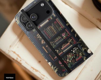 Dark Academia Bookcase Phone Case: Gothic Floral Flip Folio