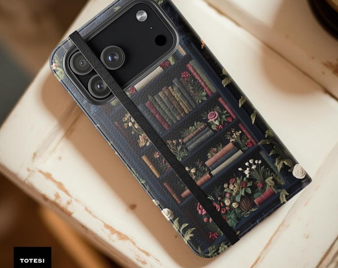 Dark Academia Bookcase Phone Case: Gothic Floral Flip Folio