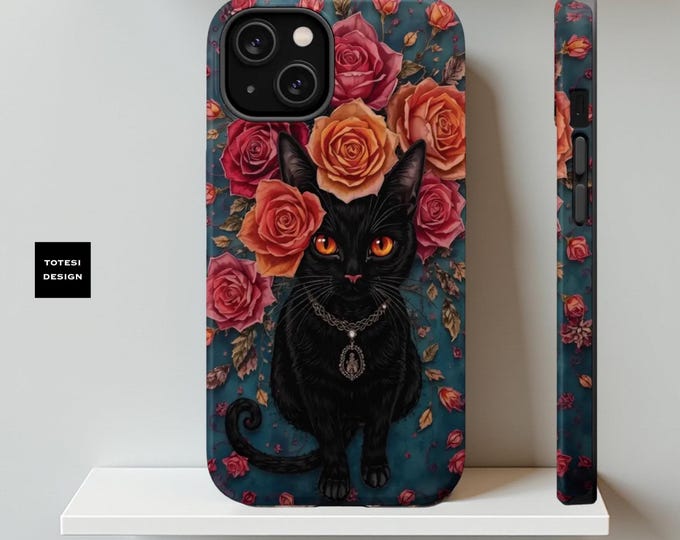 Magnetic Phone Cases, Whimsy Witchy Cute Black Cat Vintage Floral Roses Celestial Goth iPhone Cover