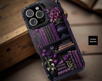 Purple Gothic Bookcase iPhone Case: Bookish Tough Cover, MagSafe Compatible
