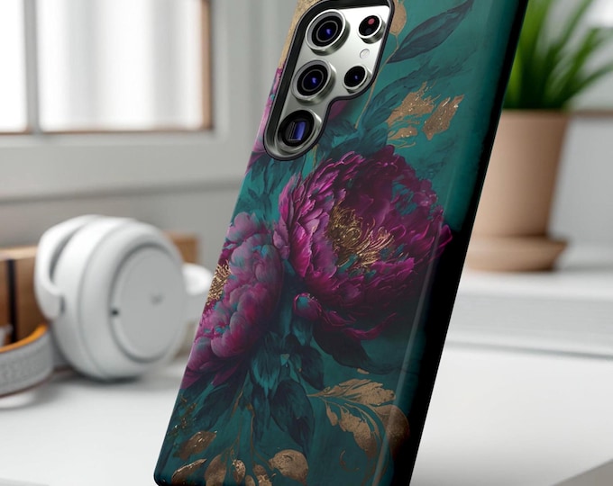 Turquoise Purple dark floral fine art iPhone 16 15 14 13 12 11 Samsung tough cases |S25 S23 S22 Plus Ultra | Galaxy cases