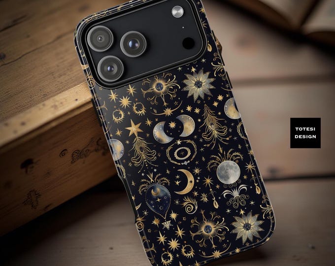 Celestial Tough Cases, Dark Moon Stars Phone Cases, Samsung Galaxy S25 S23 S24, iPhone 16 15 14, Sturdy Cover