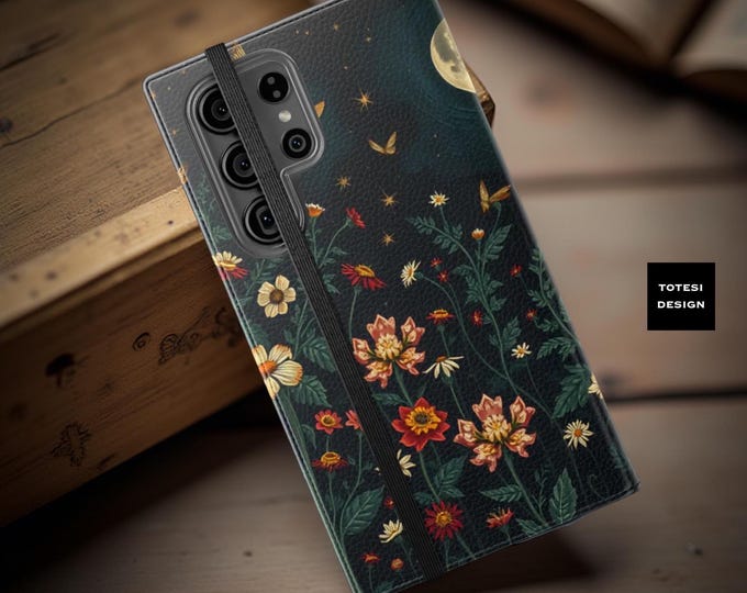 Celestial Night Garden Floral iPhone Wallet Case: Faux Leather Flip Cover