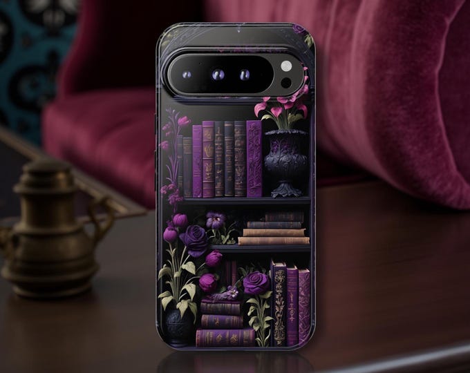 Purple bookshelf phone cases gothic dark academia floral books bookshelf, Google Samsung Galaxy S25 S24 S23 Plus Ultra, iPhone 16 15 14 13