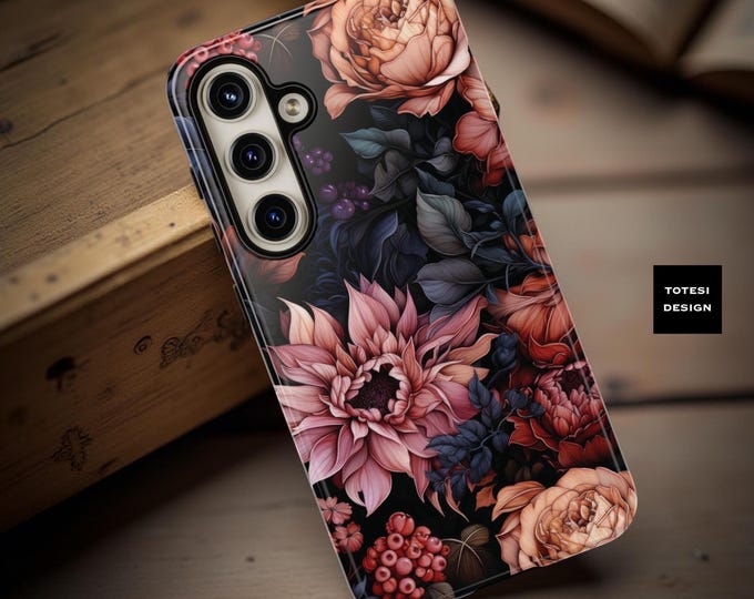 Dark Academia Floral Phone Case: Gothic Pink Flowers, Tough Dual Layer