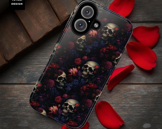 Phone Case, Gothic Skulls Red Roses, Tough Samsung Galaxy S25 S24 S23 iPhone 16 15 14 13 Google Pixel Covers, Birthday Daughter Gift, Dark