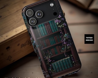 Vintage Bookcase Bookish Magnetic iPhone Case Green Dark Floral Academia unique Art