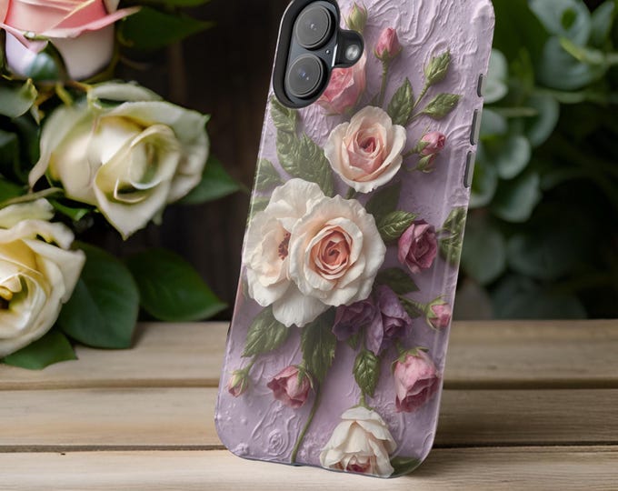 Magnetic iPhone Tough Case, Spring Pastel Floral MagSafe Cover, Gift for Her, Mauve Phone Case, 16 15 14 13 Pro Max Plus, Floral Phone